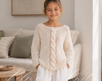 Children's Boat Neck Sweater Knitting Pattern, Long Sleeve Cable Pullover (PDF)
