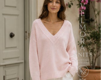 Calloway Oversized V Neck Sweater Knitting Pattern PDF, Drop Shoulder Pullover, Bottom Up Knit