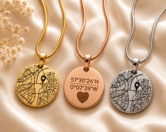Collar con colgante redondo de coordenadas personalizadas / Oro rosa, oro y plata / Joyería personalizada con ubicación / Regalo grabado para recordar viajes