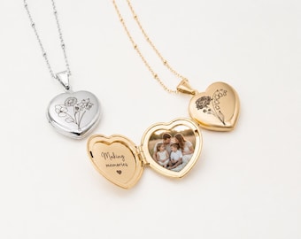Combined Birth Flower Locket necklace with photo and engraving, bouquet necklace, Heart Locket, Engraved Locket, gift for her, memorial gift