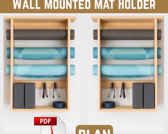 Wall Mounted Exercise Mat Holder | Wooden Yoga Mat Rack with Storage Hooks | Home Gym Organization Shelf