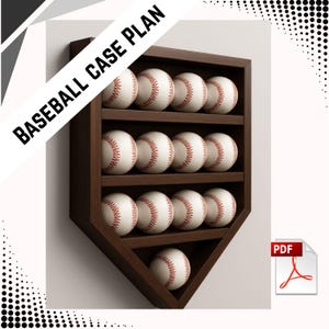May include: A dark brown baseball display case shaped like a home plate, filled with baseballs. The case has three shelves and holds a total of twelve baseballs. The text "BASEBALL CASE PLAN" is printed diagonally across the top left of the image.