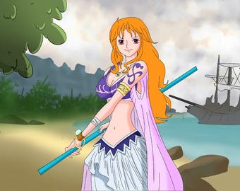 May include: Anime-style illustration of a character with orange hair, wearing a purple top, white skirt, and pink shawl, holding a blue staff. A ship is in the background, set on a beach with a tree.