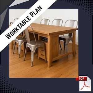 Puede incluir: Una mesa de trabajo de madera marrón claro con cuatro sillas de metal. La mesa tiene cajones y un estante inferior. Las sillas tienen un diseño de respaldo curvo. El texto "WORKTABLE PLAN" se muestra en diagonal en la parte superior izquierda.