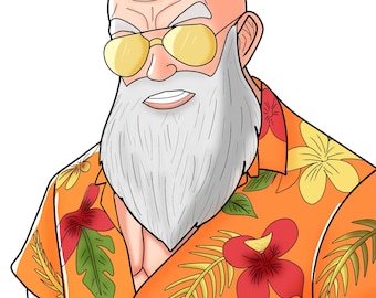 May include: Illustration of a bald, elderly man with a long white beard and yellow-tinted sunglasses. He wears an orange Hawaiian shirt with red, pink, and yellow floral patterns and a brown belt. The image is a cartoon style.