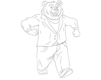 May include: Line drawing of a bear character wearing a suit jacket, shirt, and jeans. The bear is smiling and walking forward with its arms bent at the elbows. The bear's fur is detailed with lines.