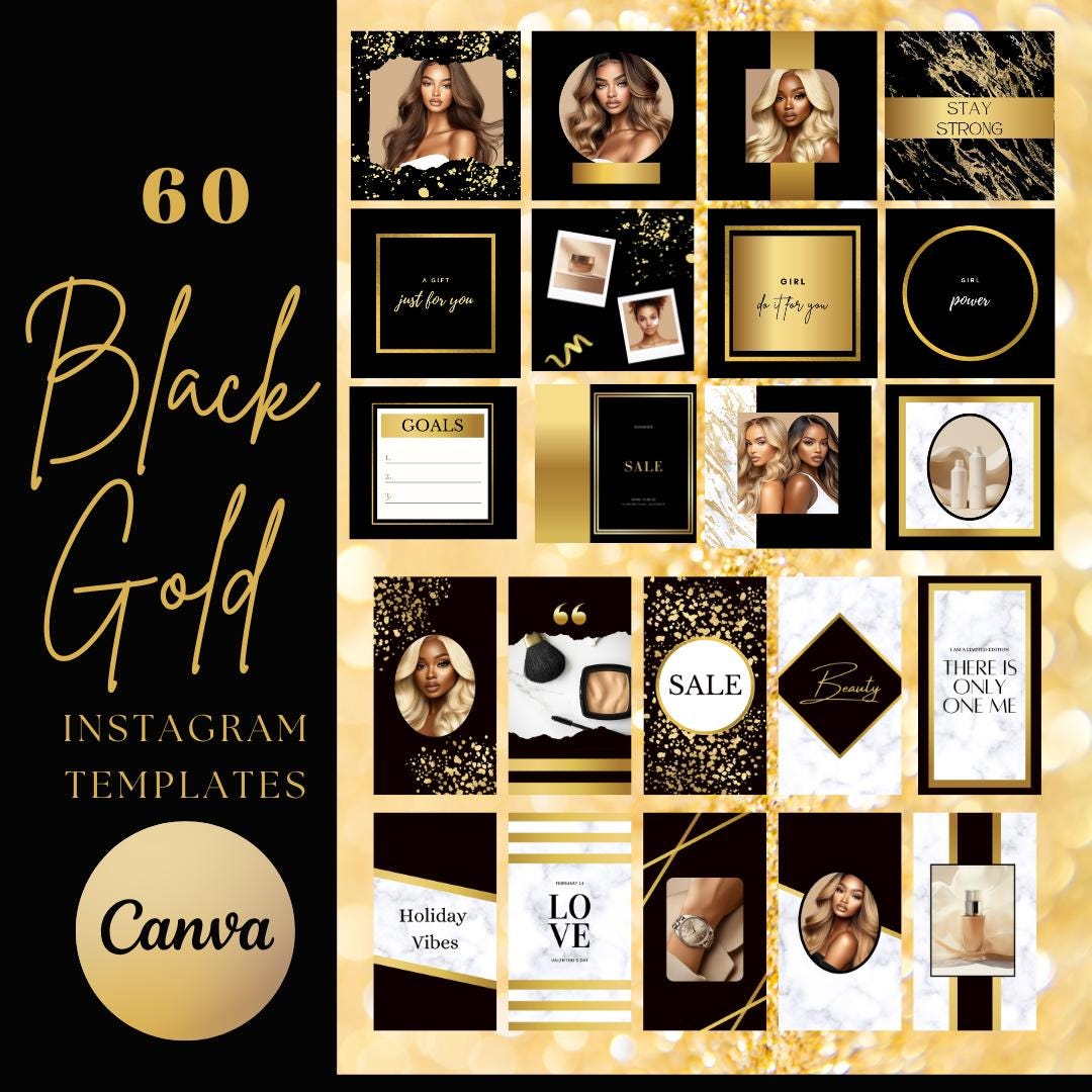 Black Gold Instagram Templates, Canva Editable Posts & Stories (digital ...