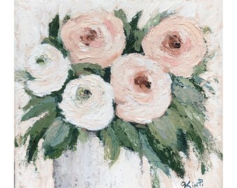 Original Painting: blush pink floral, palette knife, blush, roses, abstract floral, rustic, cottage, farmhouse  decor
