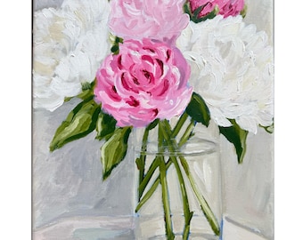 Original Painting, Peonies in glass vase still life floral on canvas
