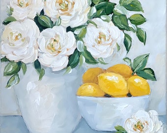 original painting:  White Roses and lemons original still life on canvas, rose painting, lemons, kitchen art, lemon original painting