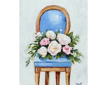 Original oil painting:  Blue chair with flowers, still life painting, floral, peonies, French chair, peony painting, roses, wedding art