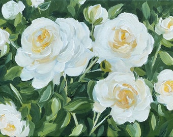 original painting: White Roses still life floral painting on canvas , white rose garden , horizontal art