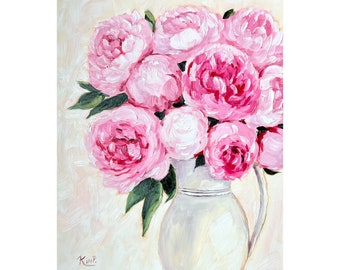 Original oil painting: pink peonies in pitcher, still life painting, peony art,  pink wall art,  peony still life