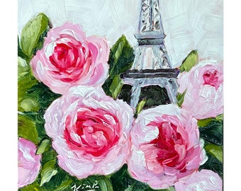 original oil painting: Peonies in Paris, peony painting, pink, Paris, pink floral , French landscape, Paris painting, peony original