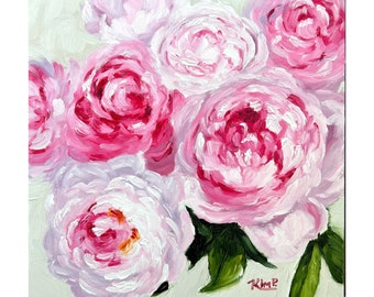 original oil painting : Blooming Peonies, pink peony painting on panel , fine art floral, 10x 10”