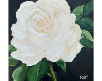 original painting: White rose with black background, original rose painting on canvas , black and white abstract floral