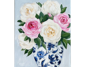 original painting:  pink and white roses in ginger jar vase on canvas , floral still life, blue and white still life painting