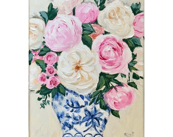 Original Floral Still Life Painting: Roses and Peonies in Blue Vase