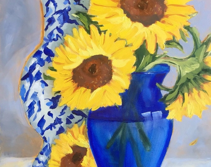 Original Oil Painting Sunflowers in Blue Vase Floral Etsy