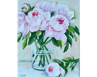 Original painting: pink peonies in vase, still life, floral, peony art, original peony painting on canvas