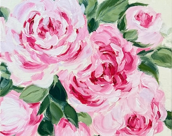 Original Pink Peonies Painting: Abstract Floral Garden Art, 12x12"