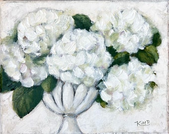 original painting: White hydrangeas still life , neutral abstract art , french country, farmhouse,  Hydrangea painting,  palette knife art