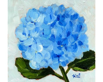 Original oil painting:  light blue hydrangea study , hydrangea painting , original mini painting,  6x6, square, floral painting
