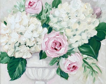 Original Painting:   Hydrangeas and pink roses still life floral,  romantic, painting on canvas