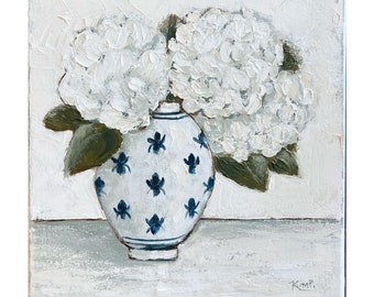 Original painting:  White Hydrangeas in Blue and White Vase , still life painting on canvas , palette knife,  hydrangea painting, cottage