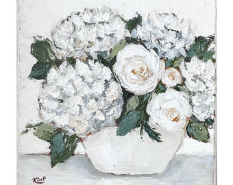 original painting: hydrangeas and roses , hydrangea painting, canvas, palette knife, texture , neutral floral abstract