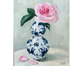 Original painting: still life with pink rose in blue and white vase on canvas, floral, representational art, rose painting