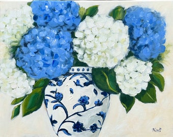 Original Painting: Blue and White Hydrangeas in Blue and White Vase , still life painting on canvas, floral art, classic, coastal decor