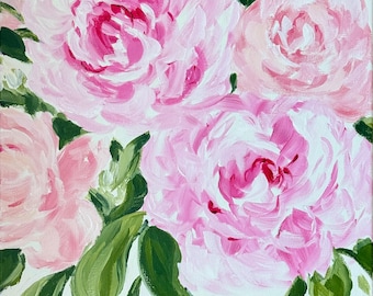 Original Pink Peonies Painting: Abstract Floral on Canvas, 12x12