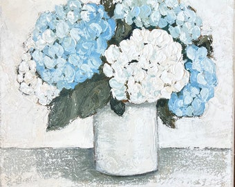 original painting:  Blue and White Hydrangeas, still life painting on canvas , palette knife painting, textured art, white neutral art
