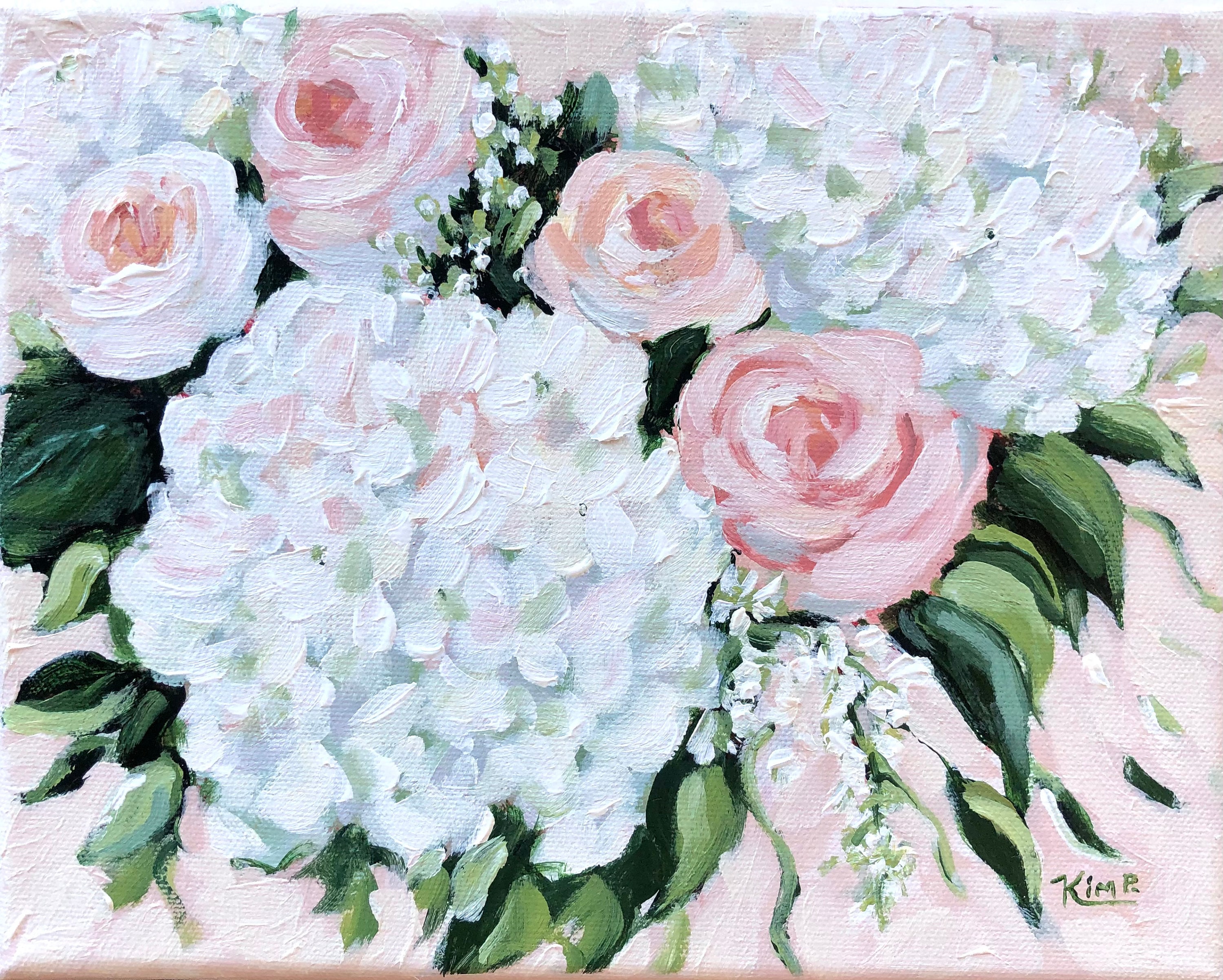 original painting: Hydrangeas and Roses floral painting on canvas white hydrangeas soft colors original art nursery decor blush pink