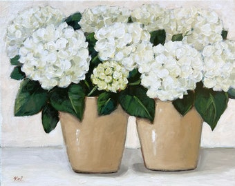 Original Painting : Hydrangea Still life floral on canvas , White hydrangea painting, neutral floral , neutral painting, white floral, green
