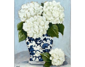 Original Floral Still Life Painting:  Hydrangeas in Blue and White Vase on canvas