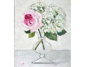 Pink Rose and Hydrangea Original Painting, Palette Knife, Shabby chic, floral, still life, texture, abstract floral art art