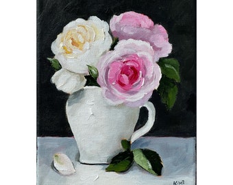 Original Painting:  Still life with Roses, pink and white roses in pitcher, rose painting on canvas, fine art, representational art.
