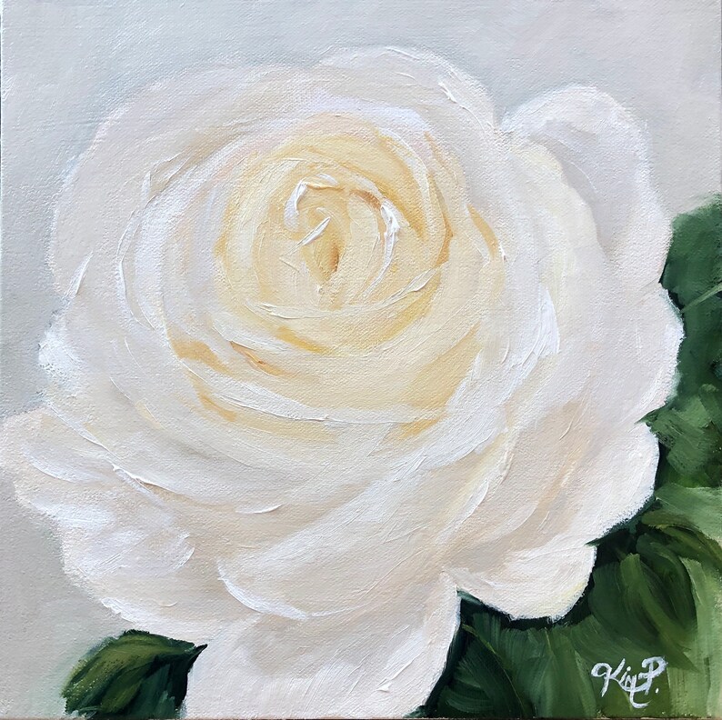 contemporary floral original canvas, Original Oil Painting: White Rose neutral decor rose painting