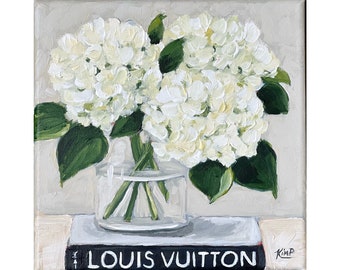original painting: White hydrangea still life, neutral colors, hydrangea painting , canvas, black and white, still lIfe