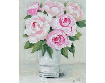 Original Peony Painting: Small Impressionistic Floral Still Life, 6x8" Canvas