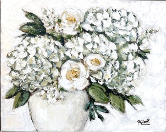 Original Painting :  Hydrangeas and Roses , floral painting on canvas, palette knife, White, neutral, hydrangea painting, impasto, rose
