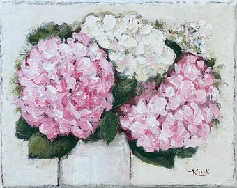 original painting: pink and white hydrangea floral on canvas, palette knife, textured art, original hydrangea painting, cottage, white
