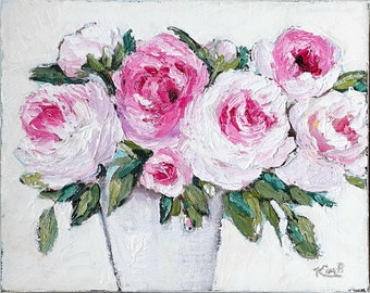 original painting :  Peony Bouquet In Vase , palette knife , peony painting, canvas, pink, texture, floral painting