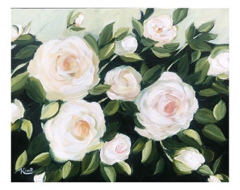 Original Painting :  White Rose Garden , Rose painting,  original floral on canvas,  canvas art , white roses, neutral floral