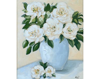 Original painting: white roses in vase still life on canvas, rose painting, neutral art, floral painting