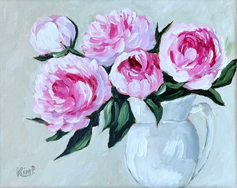 Original painting: pink peonies In a pitcher still life on canvas , peony painting, pink, floral painting of peonies