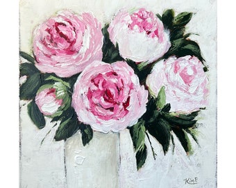 Original painting: peonies in pink palette knife floral painting on canvas, peony original, abstract floral , pink home decor, textured art