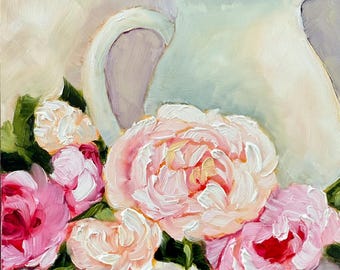 Original Peony Oil Painting: Still Life with Pitcher, 6x6"